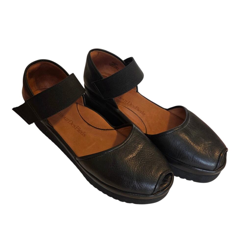 L'Amour Des Pieds Amadour Platform Sandals Black Leather Sz8 Mary Jane Wedge